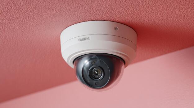 A sleek, modern security camera mounted on a pink ceiling, designed for discreet surveillance in contemporary spaces. photo