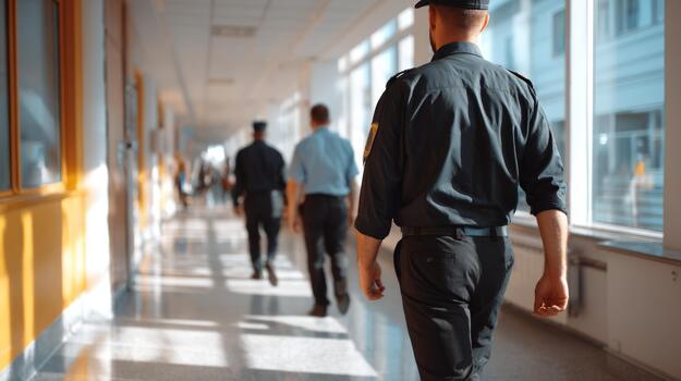 A group of security personnel in uniforms walking down a brightly lit corridor, showcasing a sense of vigilance and professionalism. photo