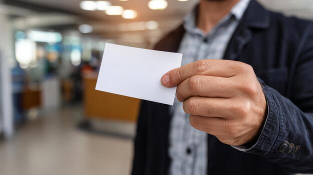 A man holding a blank business card in a professional setting, showcasing the potential for customization. photo