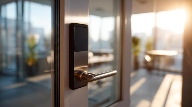 A close-up of a modern door handle against a backdrop of a sunlit office space, conveying a sense of openness and welcoming. photo