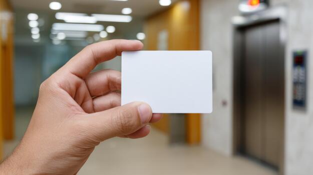 A close-up of a hand holding a blank white card in a modern elevator lobby. photo