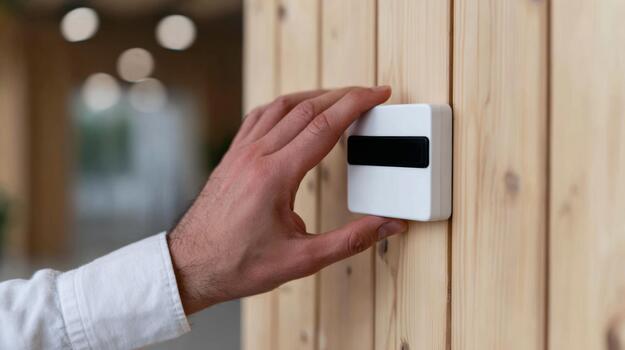 A close-up of a hand adjusting a sleek, modern light switch on a wooden wall, conveying a sense of control and minimalism. photo