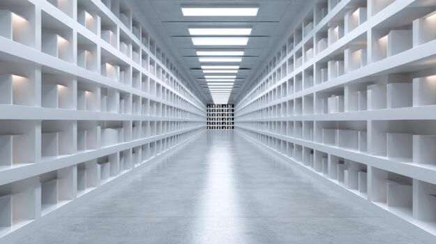 A vast, modern storage facility featuring endless rows of white shelving, creating a sense of depth and tranquility. photo
