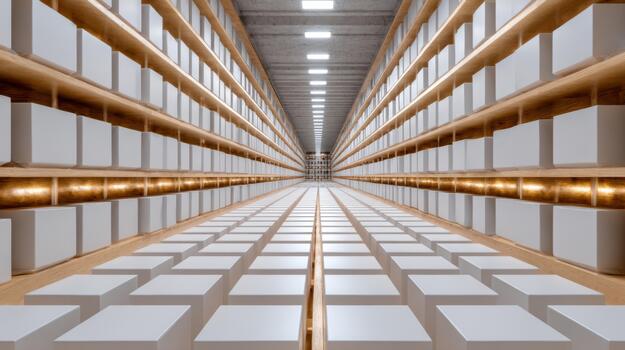 A mesmerizing view of a minimalist storage facility with endless rows of white boxes arranged symmetrically. photo