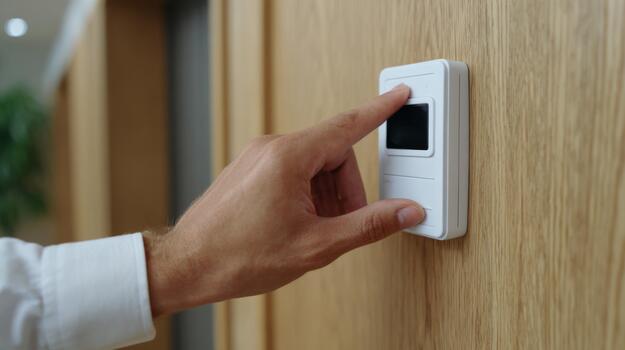 A close-up of a hand adjusting a modern light switch on a wooden wall. photo