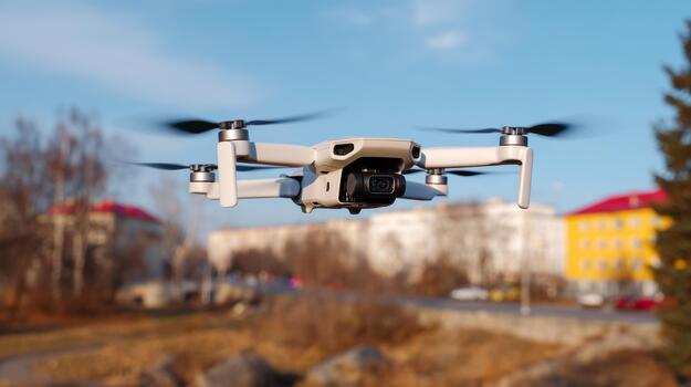 A sleek white drone equipped with a camera in mid-flight against a blue sky, showcasing modern technology and innovation. photo