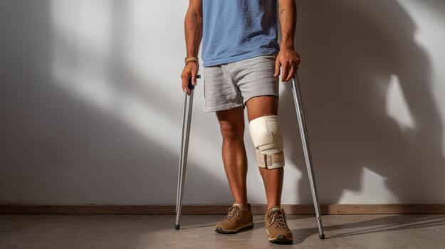 A young man of Caucasian descent using crutches with a knee brace, standing in a well-lit room, conveying resilience and determination. photo