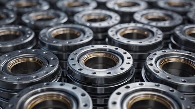 Close-up of precision-engineered metal components arranged in neat rows, showcasing their intricate design and craftsmanship. photo