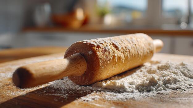 A wooden rolling pin covered in flour, resting on a wooden countertop in a bright kitchen setting. photo