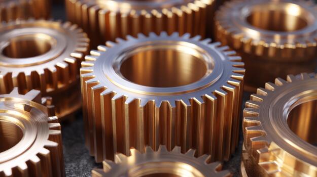 Close-up of intricately designed brass gears showcasing their reflective surfaces and sharp teeth. photo