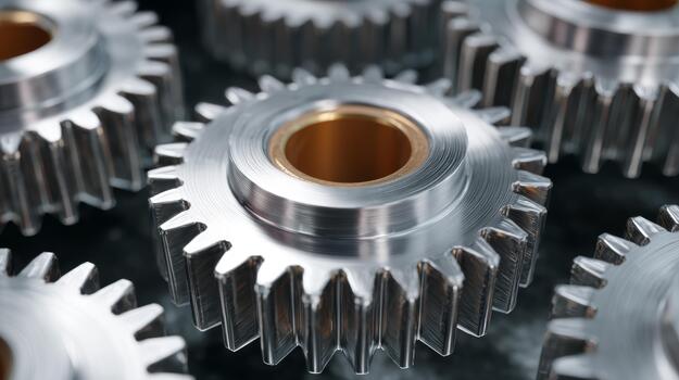 Close-up of shiny metallic gears highlighting precision engineering and intricate design. photo