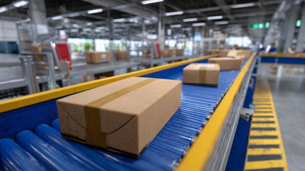 Cardboard boxes on a conveyor belt in a modern warehouse, showcasing efficient logistics and distribution. photo