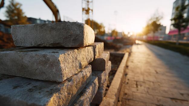 Close-up of stacked stone blocks at a construction site, bathed in warm sunset light, creating a serene yet industrious atmosphere. photo