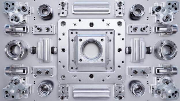 An intricate arrangement of metallic machine components showcasing precision engineering and manufacturing. photo