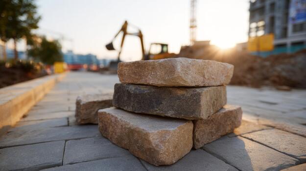 Close-up of stacked stones on a construction site during sunset, with a machine working in the background. photo