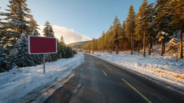 A serene winter scene featuring a snowy road lined with evergreen trees, illuminated by soft sunlight. photo