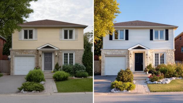 A before-and-after transformation of a suburban home exterior, showcasing modern updates and landscaping enhancements. photo