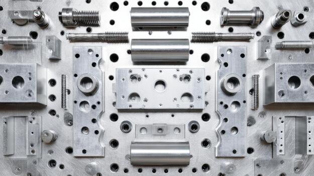 A detailed arrangement of precision-engineered metal parts and components laid out on a flat surface. photo