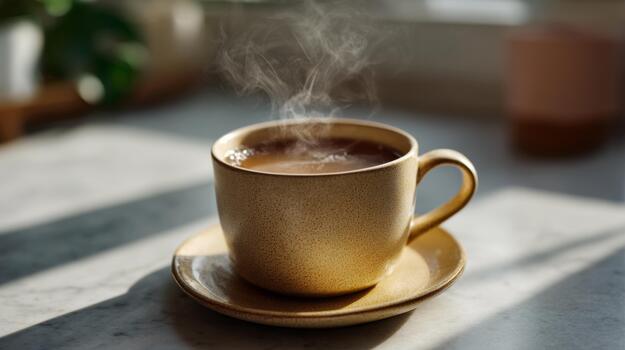 A steaming cup of coffee sits on a marble surface, bathed in natural light, creating a warm and inviting atmosphere. photo