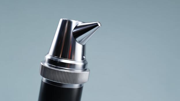 Close-up of a sleek, metallic pen tip featuring a pointed design against a soft gradient background. photo