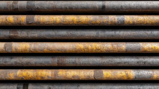 Close-up of stacked metal pipes showing a rugged and weathered texture, featuring a mix of gray and yellow colors. photo