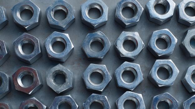 A close-up view of shiny metallic nuts arranged neatly on a textured surface, showcasing their craftsmanship and industrial precision. photo