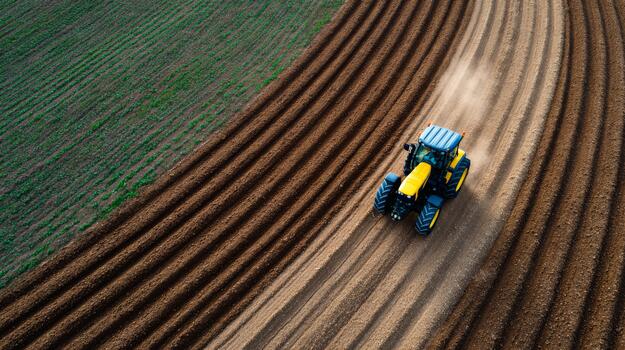 un aéreo ver de un amarillo tractor arada un recién labrado campo, creando limpio, curvo líneas en el tierra. foto