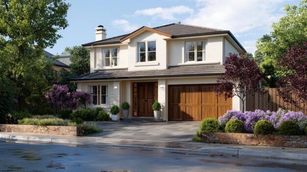 Beautiful suburban home with a charming facade and well-kept garden, creating a welcoming atmosphere. photo