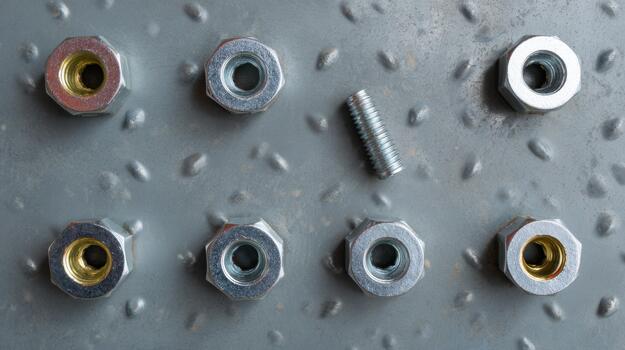 A close-up view of assorted nuts and a bolt on a textured metal surface, showcasing metallic textures and shapes. photo