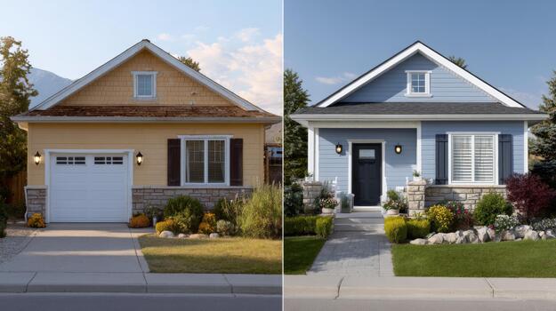A split image showcasing a renovated home, with a charming yellow facade on the left and a modern blue exterior on the right, surrounded by greenery. photo