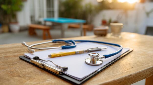 A stethoscope and pen rest on a clipboard with blank paper, symbolizing healthcare and medical documentation. photo