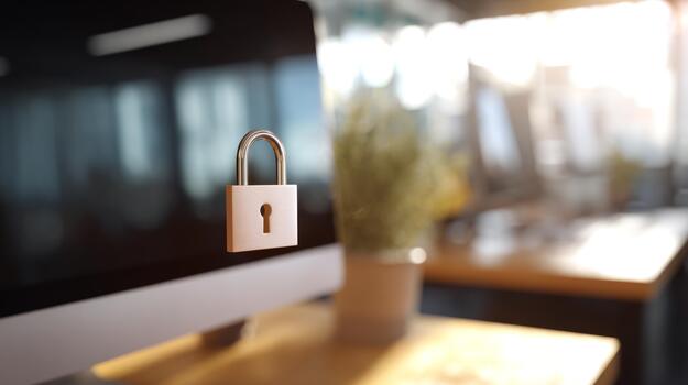 A modern office setting featuring an open padlock hovering in front of a computer screen, symbolizing cybersecurity and digital openness. photo