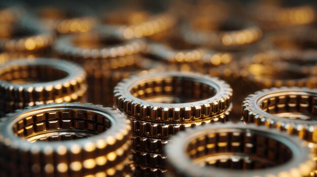 A close-up view of golden metallic gears arranged in a chaotic pattern, reflecting light beautifully. photo