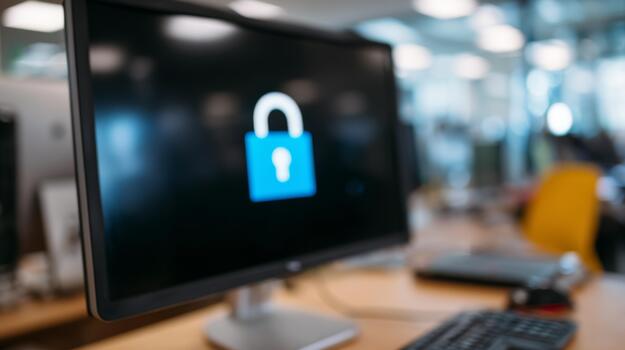 A close-up of a computer monitor displaying a padlock icon, symbolizing digital security and privacy in a modern workspace. photo