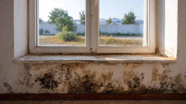 A close-up view of a weathered window with mold on the sill, framed by greenery outside, reflecting neglect and the passage of time. photo