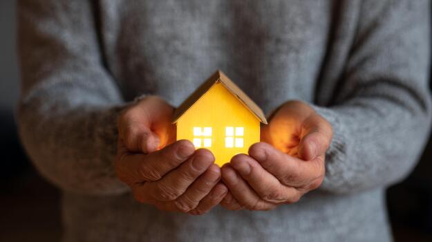 A person holds a glowing miniature house symbolizing warmth and safety in their hands, showcasing a cozy and inviting atmosphere. photo