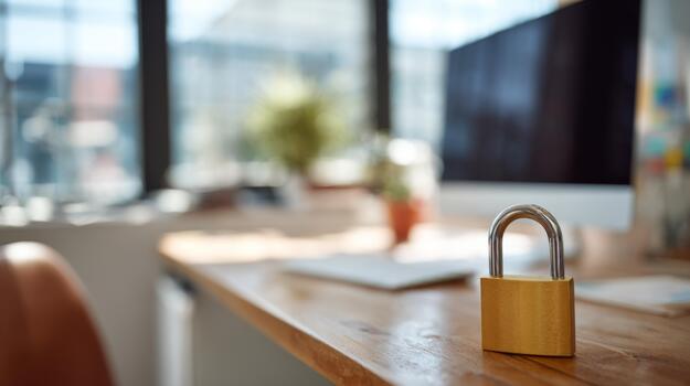 A golden padlock sits on a wooden desk, symbolizing security and protection in a modern office setting. photo
