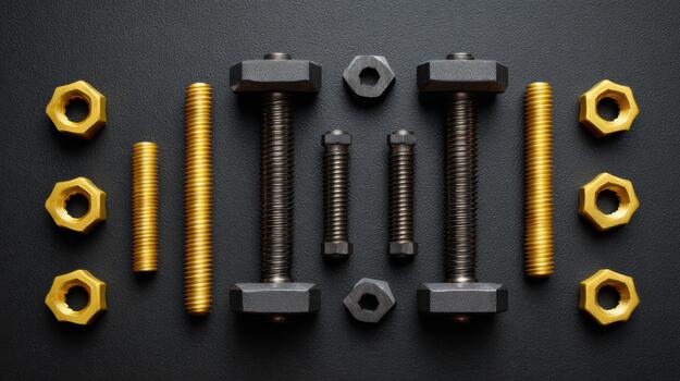 An arrangement of various bolts, screws, and nuts in metallic hues, showcasing a blend of black and gold elements on a dark background. photo