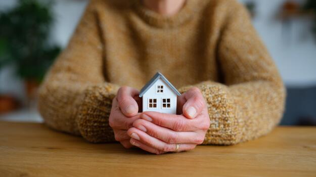 A woman with warm, delicate hands gently holds a small house model, symbolizing home and comfort in a cozy, inviting setting. photo