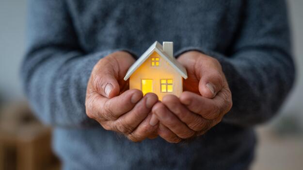 An elderly man's hands gently hold a small, glowing house model, symbolizing warmth and security. photo