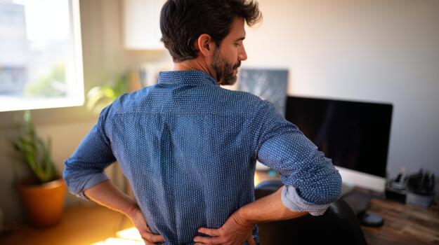 A middle-aged Caucasian man experiencing back pain while working at a desk in a modern home office. photo