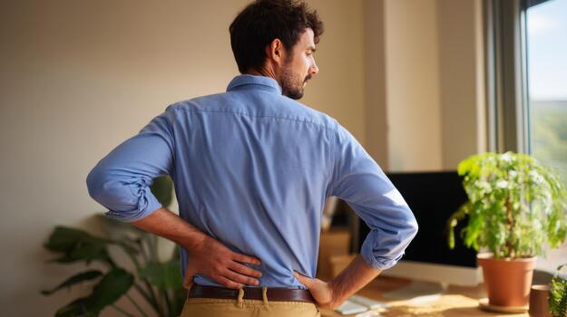 A young Caucasian man experiencing back pain while standing in a bright office setting. photo
