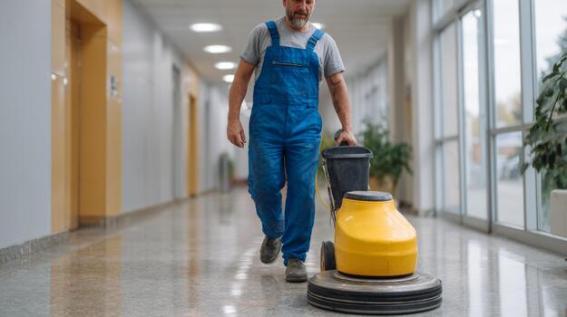 Middle-aged Caucasian man in blue overalls using a floor polisher in a bright hallway. photo