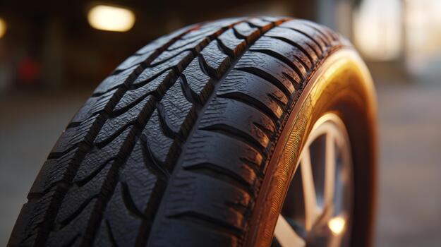 Close-up of a sleek, modern car tire showcasing its intricate tread pattern in soft evening light. photo