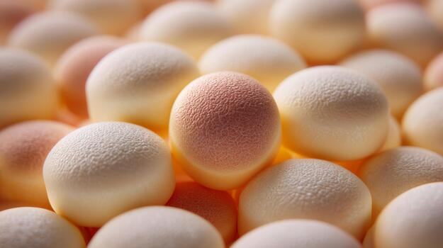 Close-up of a cluster of textured, round capsules with one distinct pinkish capsule among yellow-toned ones. photo