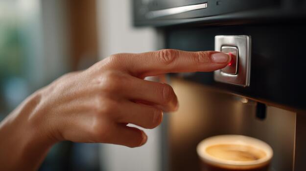 A close-up of a woman's hand pressing the button on a modern coffee machine, indicating a brewing process. photo