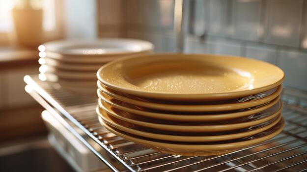 A stack of clean yellow plates drying on a rack in a cozy kitchen setting. photo