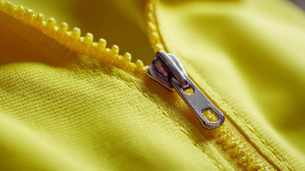 Close-up of a metallic zipper on vibrant yellow fabric, showcasing intricate details and smooth texture. photo