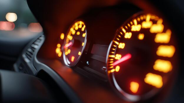 Close-up of a modern car dashboard with illuminated speedometer and tachometer, showcasing an ambient glow. photo