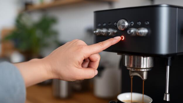 Close-up of a hand pressing the button on a modern espresso machine, brewing a fresh cup of coffee. photo